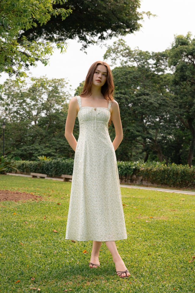 MIDSUMMER PADDED RUCHED RIBBON TRIM MIDAXI DRESS (FLORAL)