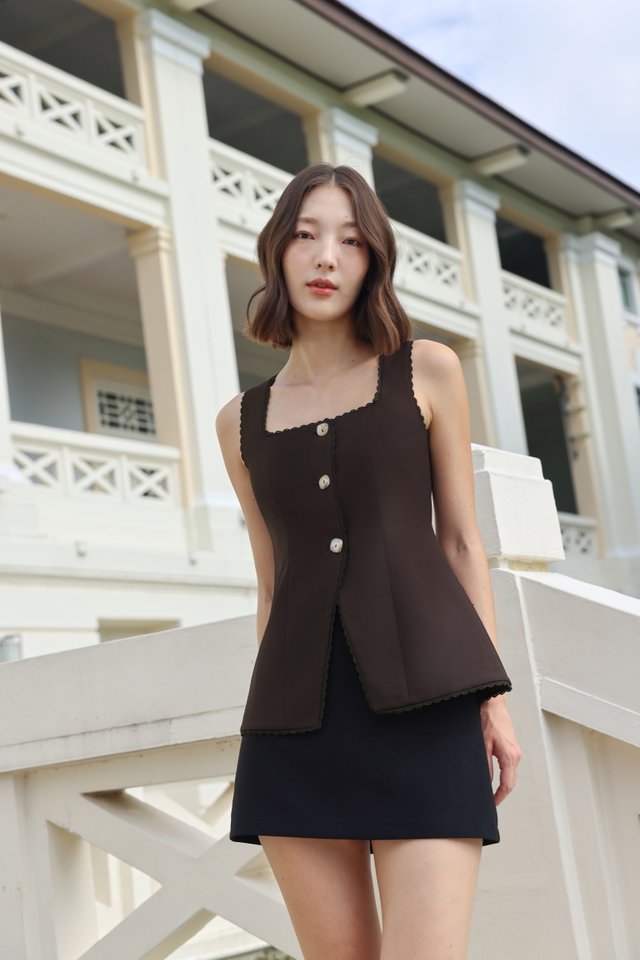 CAMELLIA LACE TRIM BUTTON VEST TOP (ESPRESSO)