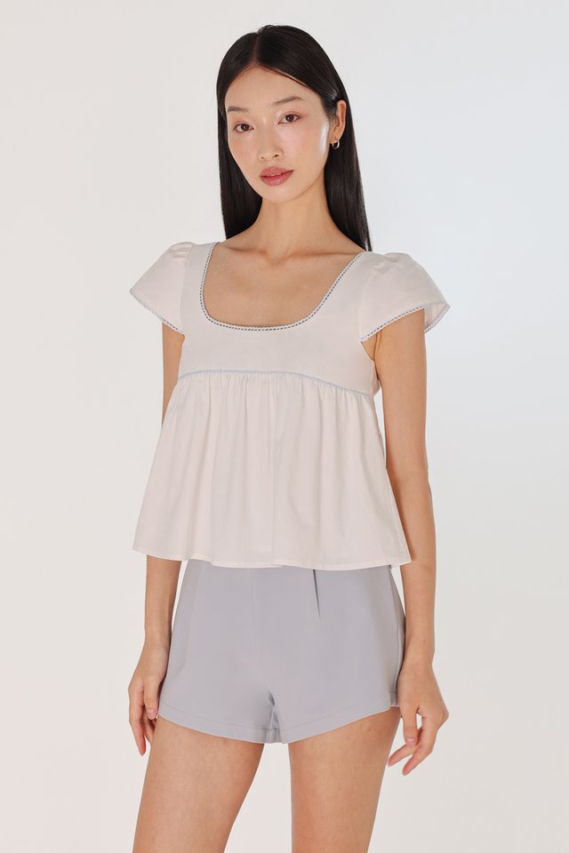 OLIANA PADDED EYELET TRIM SCOOP NECK BABYDOLL TOP (WHITE)