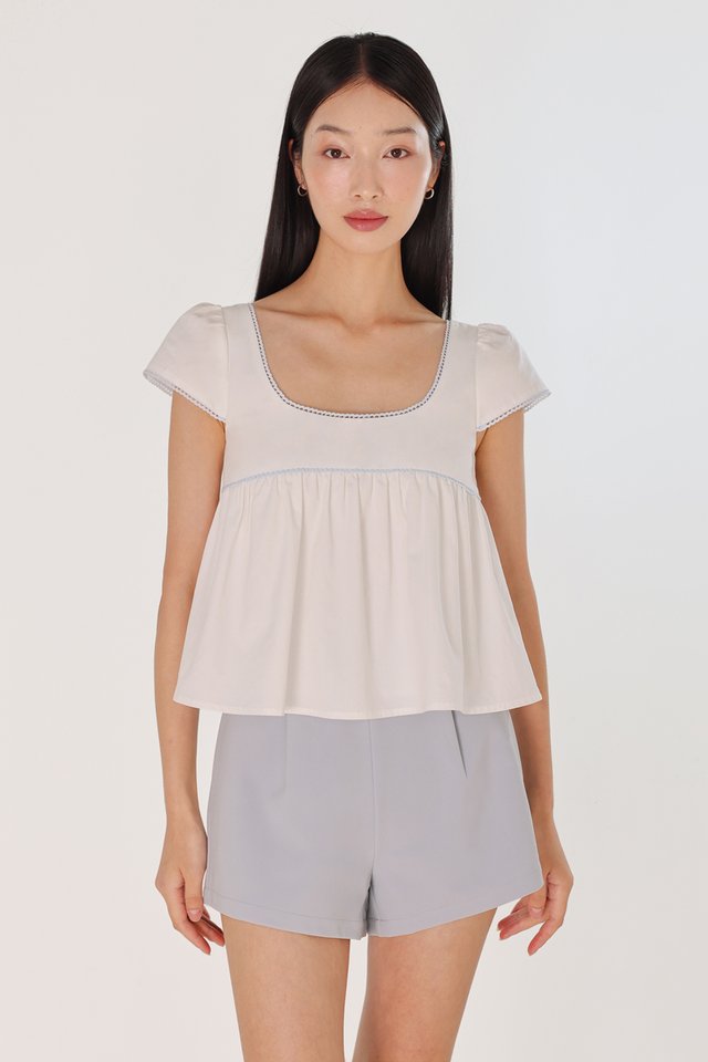 OLIANA PADDED EYELET TRIM SCOOP NECK BABYDOLL TOP (WHITE)