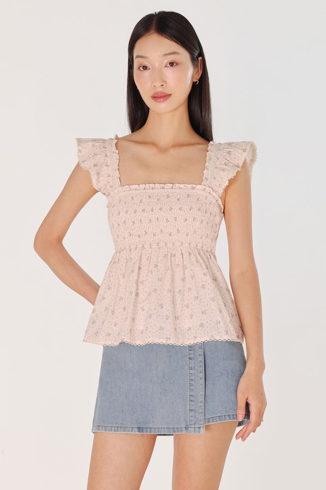 ANNIE PADDED FLORAL FLARE RUFFLE TRIM SHIRRED BABYDOLL TOP (FLORAL)