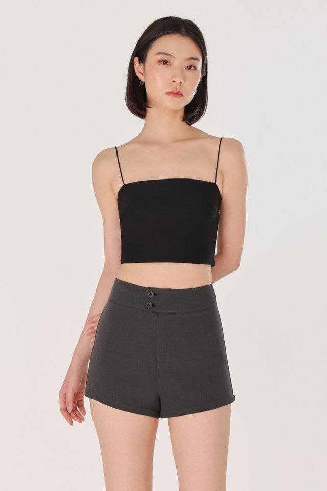 JENNIE DOUBLE BUTTONED TAILORED MID WAIST MINI SHORTS (DARK GREY)
