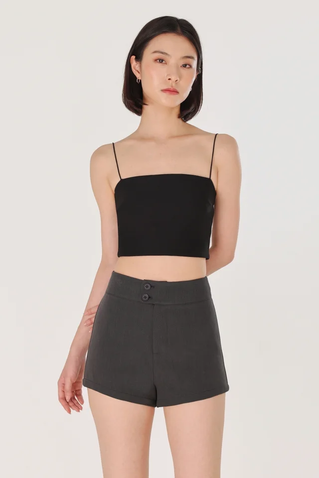 JENNIE DOUBLE BUTTONED TAILORED MID WAIST MINI SHORTS (DARK GREY)