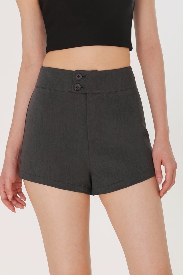 JENNIE DOUBLE BUTTONED TAILORED MID WAIST MINI SHORTS (DARK GREY)