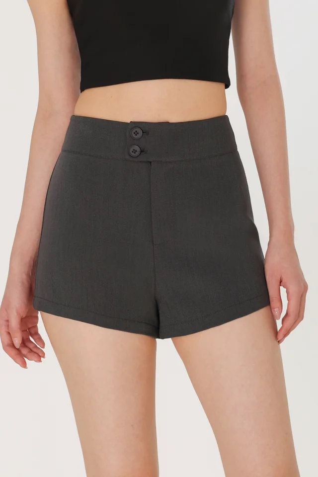 JENNIE DOUBLE BUTTONED TAILORED MID WAIST MINI SHORTS (DARK GREY)