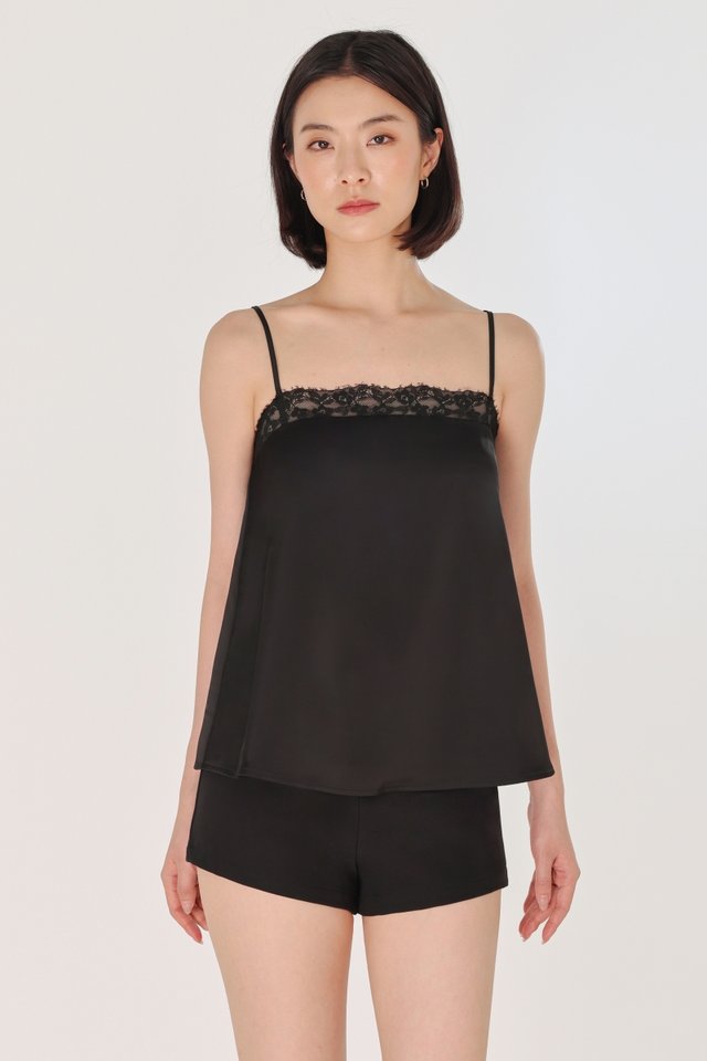 ADARA PADDED SATIN LACE TRIM CAMI TOP (BLACK)