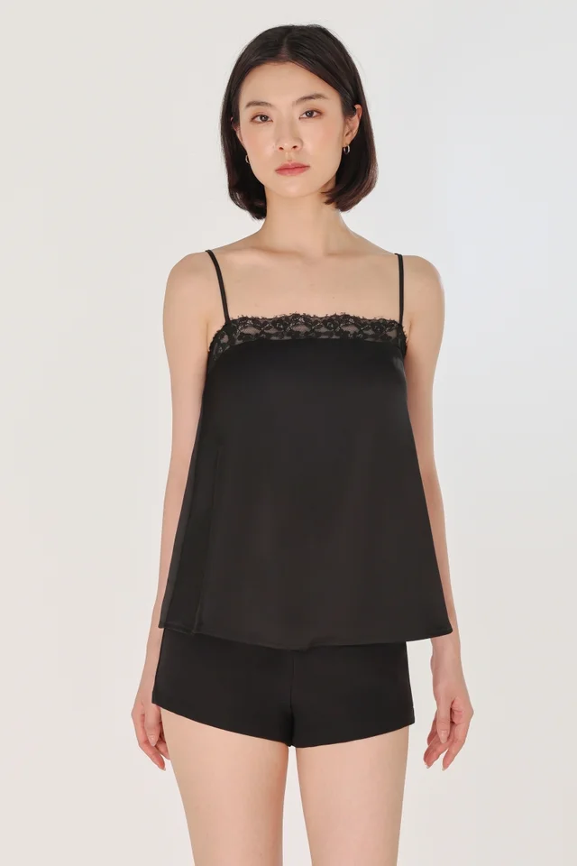 ADARA PADDED SATIN LACE TRIM CAMI TOP (BLACK)