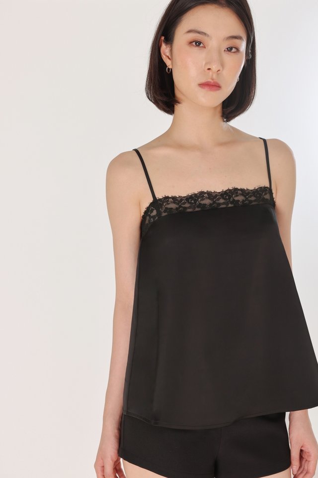 ADARA PADDED SATIN LACE TRIM CAMI TOP (BLACK)