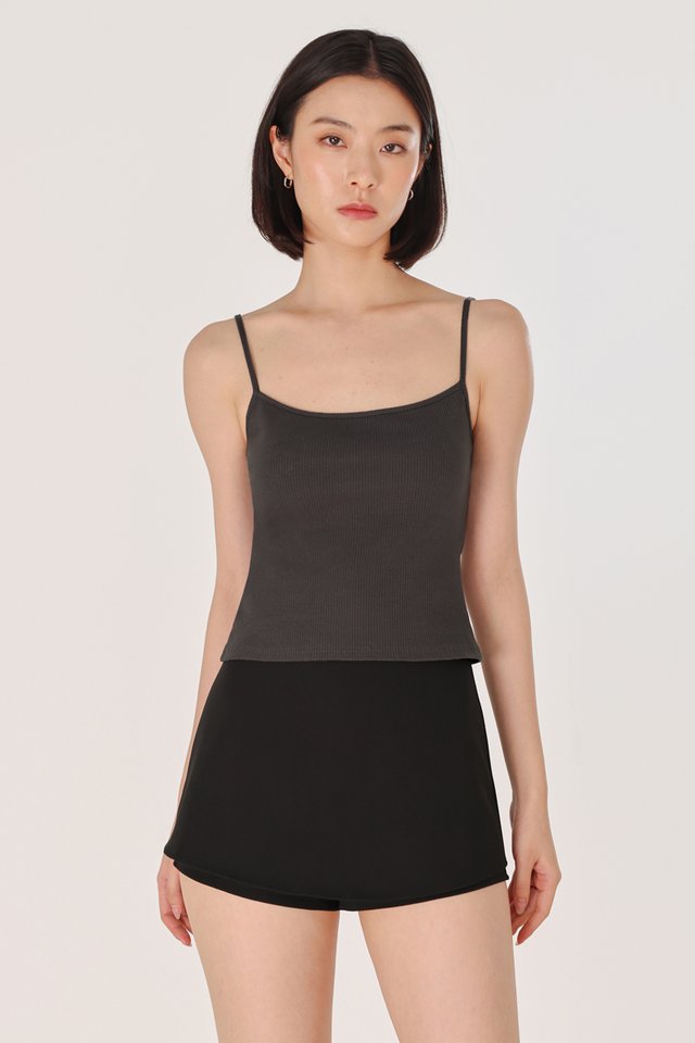ZAYLEY PADDED REVERSIBLE NECKLINE RIBBED CAMI TOP (GRAPHITE)