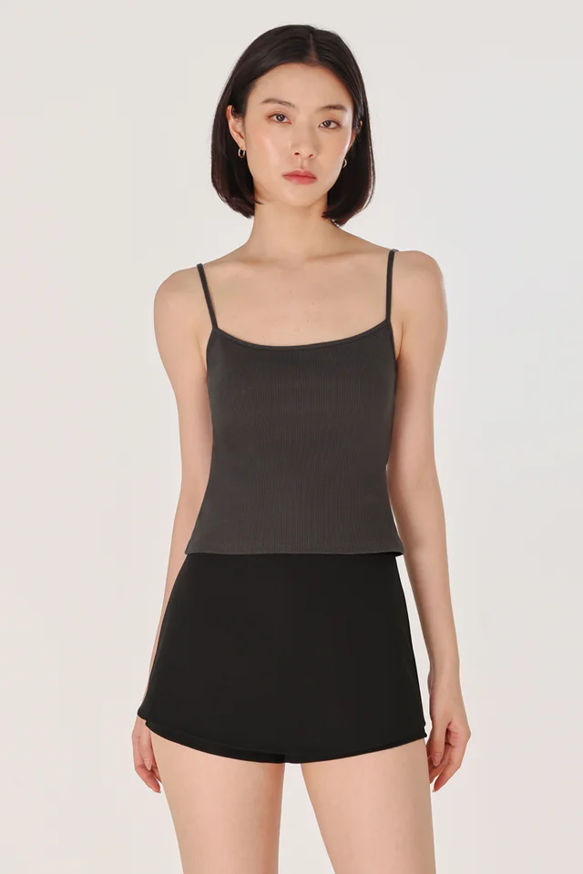 ZAYLEY PADDED REVERSIBLE NECKLINE RIBBED CAMI TOP (GRAPHITE)