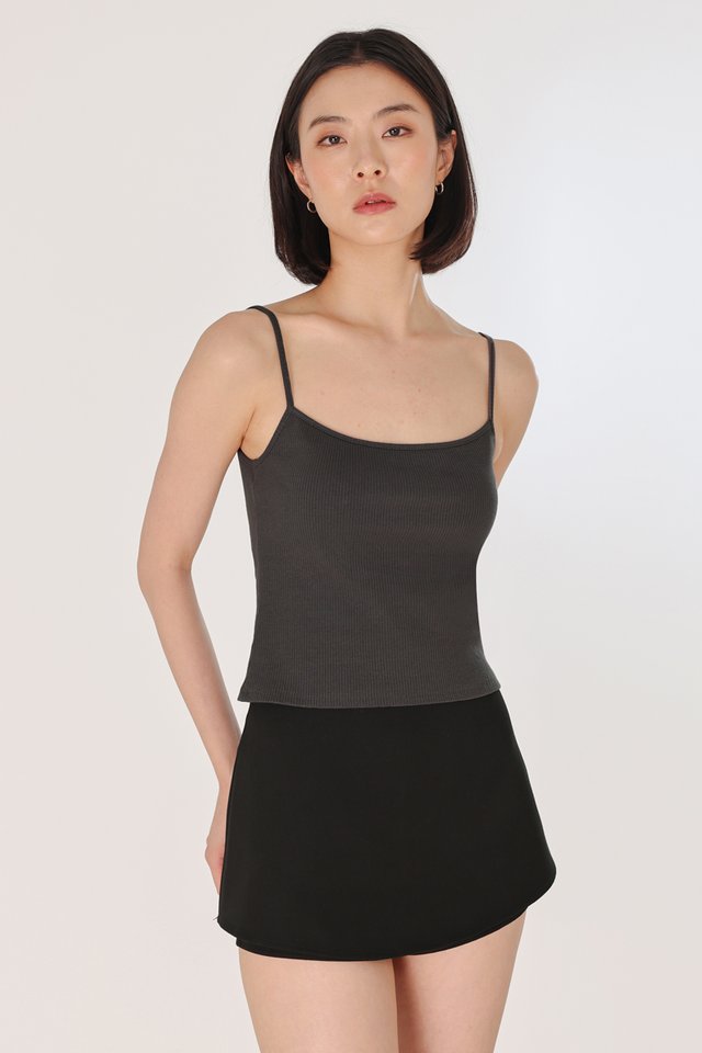 ZAYLEY PADDED REVERSIBLE NECKLINE RIBBED CAMI TOP (GRAPHITE)