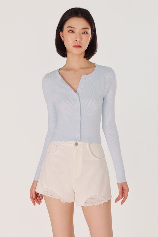 EMANI LONG SLEEVE BUTTON KNIT CARDIGAN TOP (LIGHT BLUE)