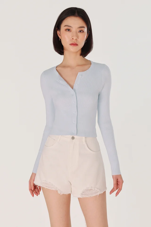 EMANI LONG SLEEVE BUTTON KNIT CARDIGAN TOP (LIGHT BLUE)