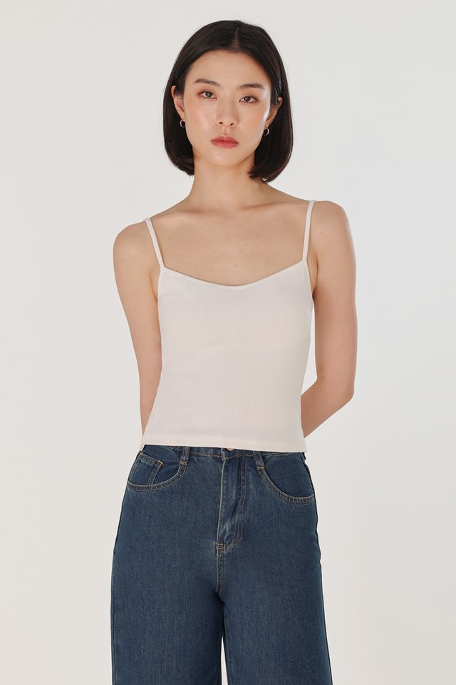 ZAYLEY PADDED REVERSIBLE NECKLINE RIBBED CAMI TOP (WHITE)