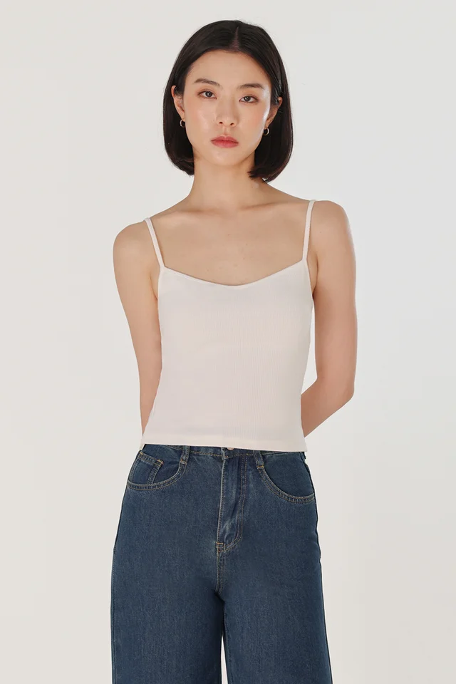 ZAYLEY PADDED REVERSIBLE NECKLINE RIBBED CAMI TOP (WHITE)