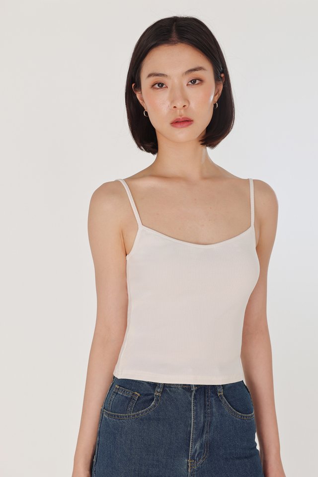 ZAYLEY PADDED REVERSIBLE NECKLINE RIBBED CAMI TOP (WHITE)