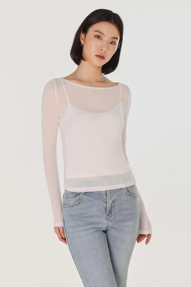 FREDA SHEER BOAT NECK LONG SLEEVE TOP (WHITE)