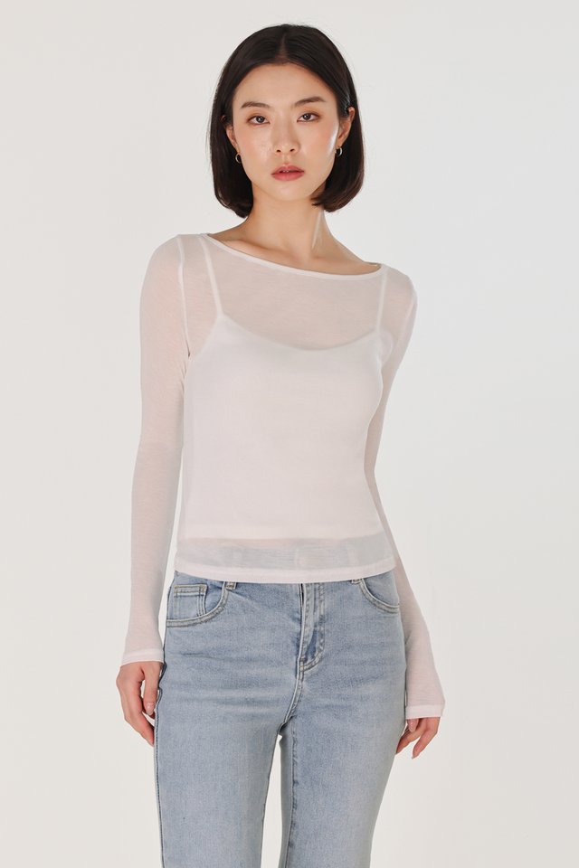 FREDA SHEER BOAT NECK LONG SLEEVE TOP (WHITE)