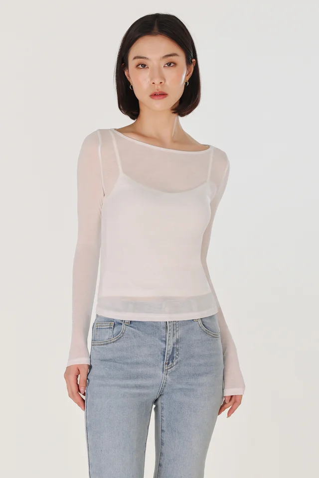 FREDA SHEER BOAT NECK LONG SLEEVE TOP (WHITE)