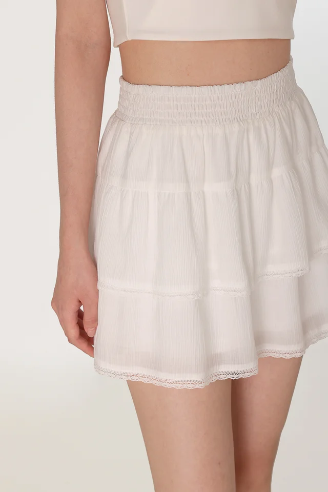 MIYUKI SMOCKED WAIST LACE TRIM RUFFLE SKORTS (WHITE)