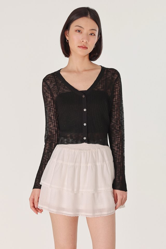 ZAYNA BUTTON FLARE SLEEVE SHEER CARDIGAN (BLACK)