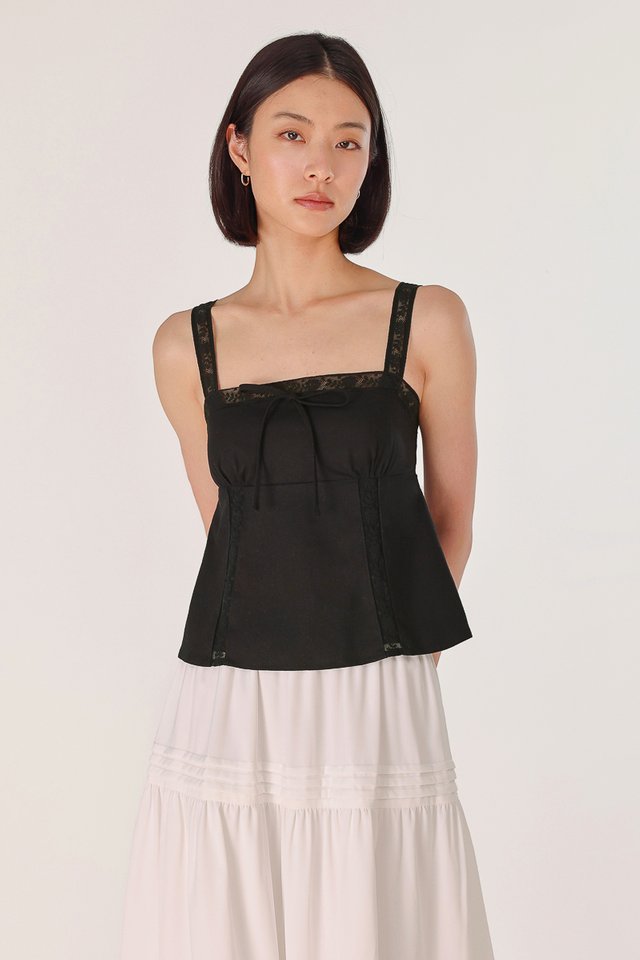 HAISLEY PADDED LINEN LACE TRIM RIBBON BABYDOLL TOP (BLACK)