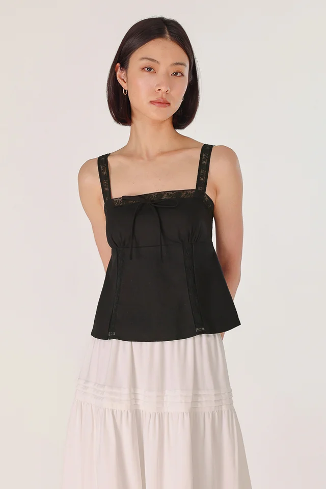 HAISLEY PADDED LACE TRIM RIBBON BABYDOLL TOP (BLACK)