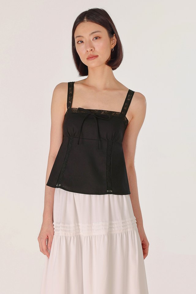 HAISLEY PADDED LINEN LACE TRIM RIBBON BABYDOLL TOP (BLACK)