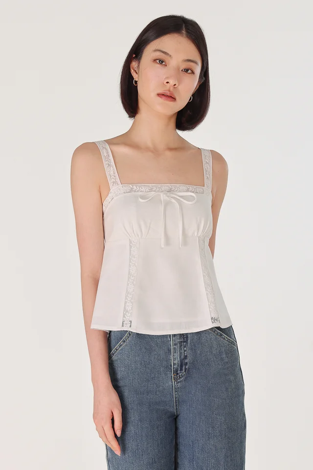 HAISLEY PADDED LACE TRIM RIBBON BABYDOLL TOP (WHITE)