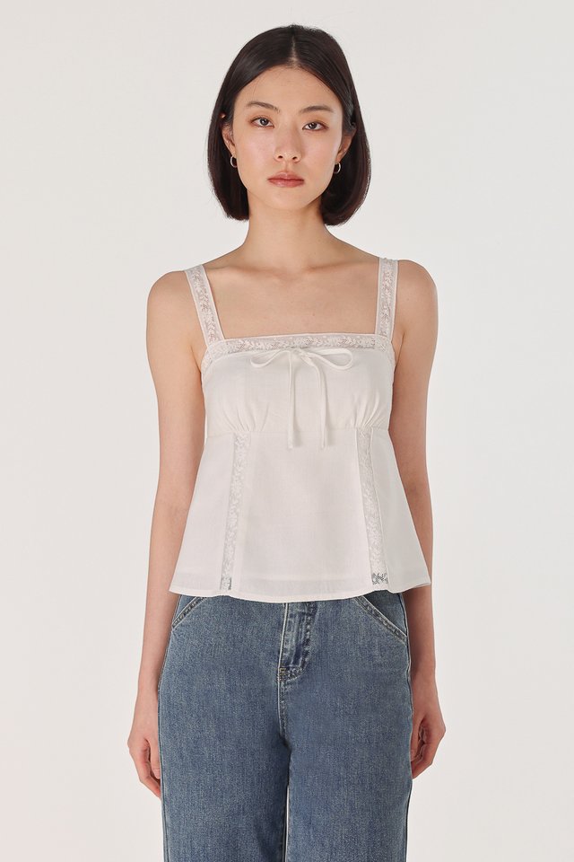 HAISLEY PADDED LINEN LACE TRIM RIBBON BABYDOLL TOP (WHITE)