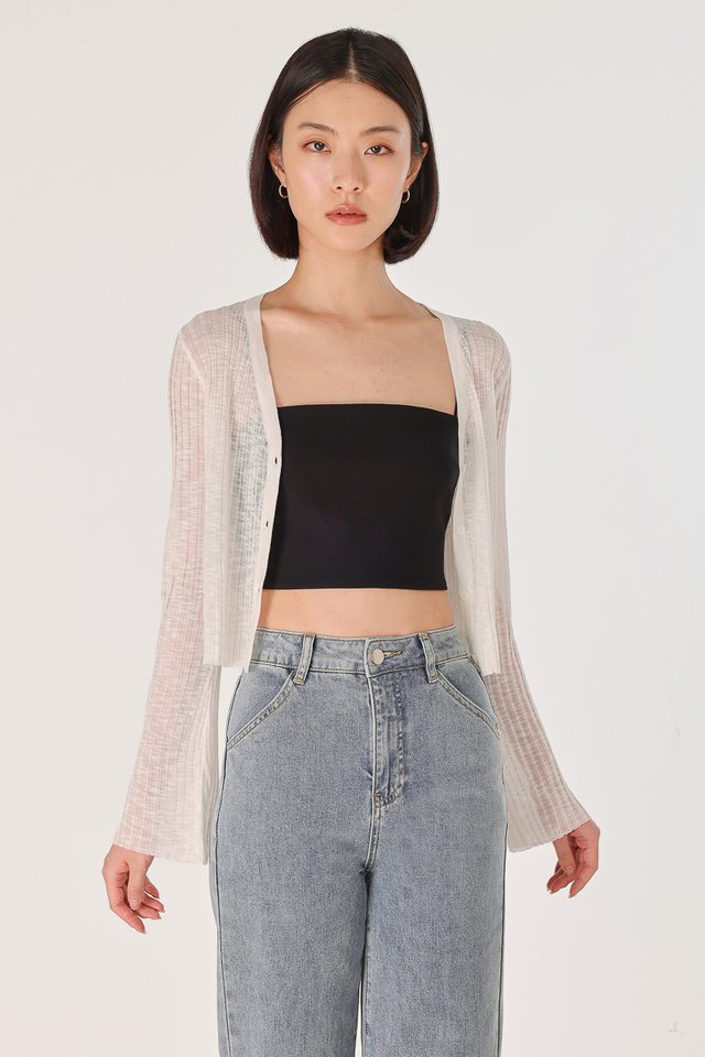 ZAYNA BUTTON FLARE SLEEVE SHEER CARDIGAN (WHITE)