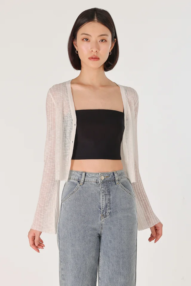 ZAYNA BUTTON FLARE SLEEVE SHEER CARDIGAN (WHITE)