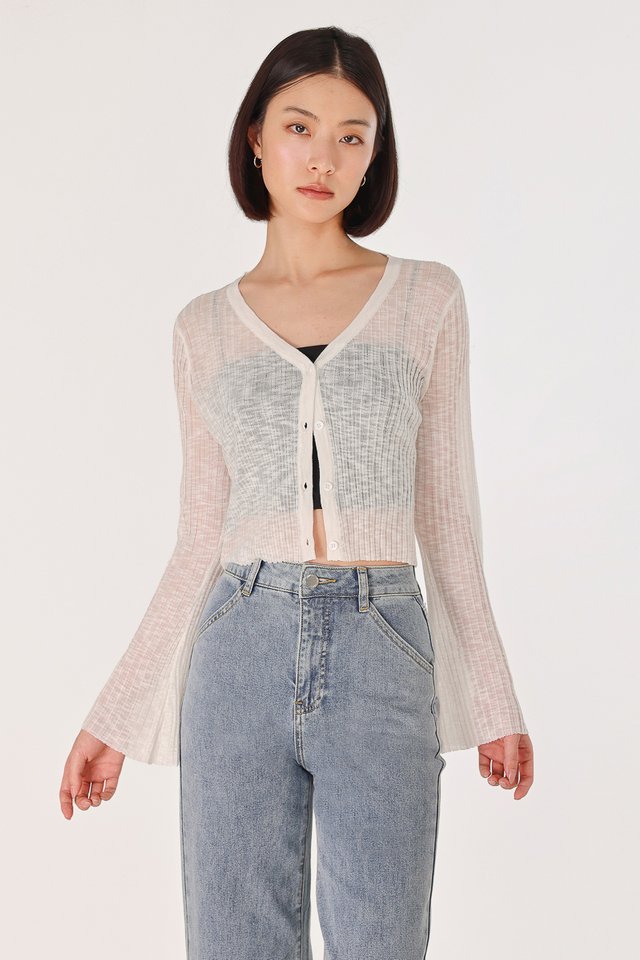 ZAYNA BUTTON FLARE SLEEVE SHEER CARDIGAN (WHITE)