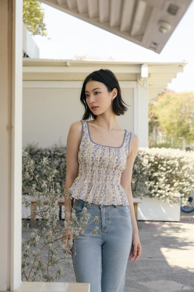 KATRINA PADDED CONTRAST TRIM RUCHED WAIST TOP