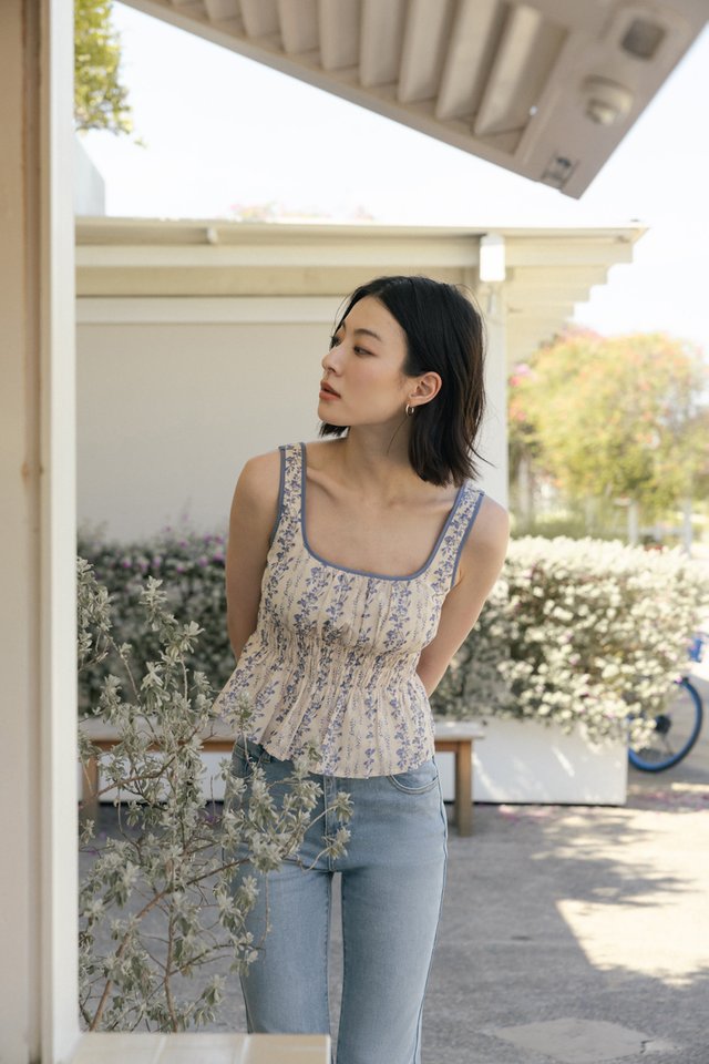 KATRINA PADDED CONTRAST TRIM RUCHED WAIST TOP