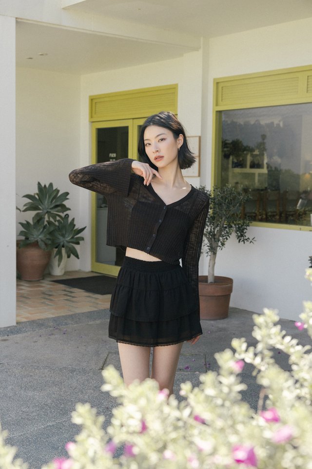 ZAYNA BUTTON FLARE SLEEVE SHEER CARDIGAN (ESPRESSO)