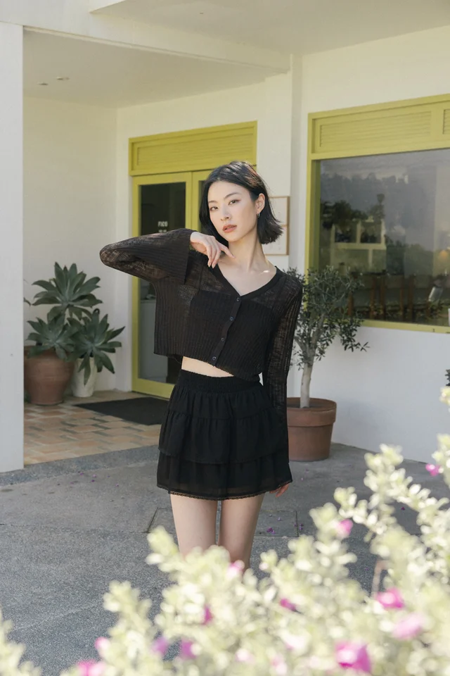ZAYNA BUTTON FLARE SLEEVE SHEER CARDIGAN (ESPRESSO)