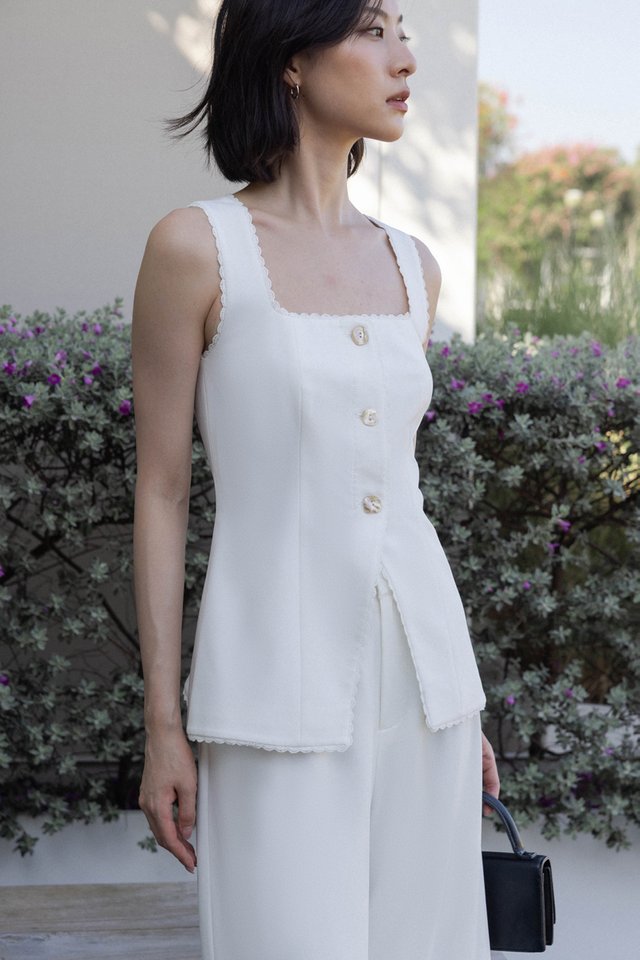 CAMELLIA LACE TRIM BUTTON VEST TOP (WHITE)