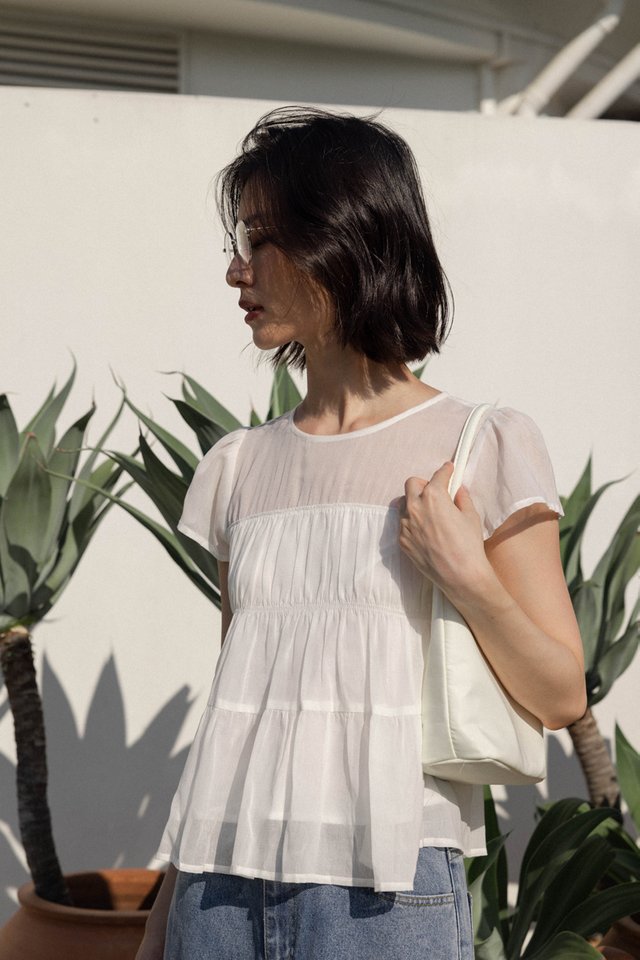 RAEGAN SHEER RUCHED BABYDOLL TOP (WHITE)