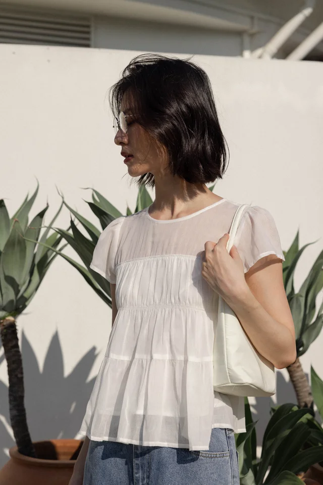 RAEGAN SHEER RUCHED BABYDOLL TOP (WHITE)