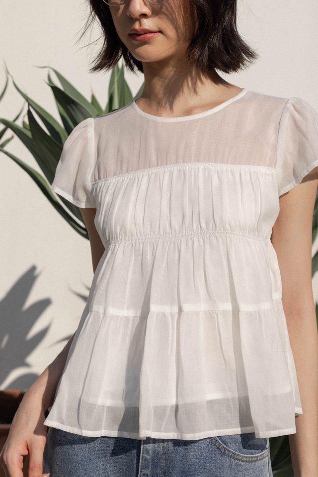 RAEGAN SHEER RUCHED BABYDOLL TOP (WHITE)