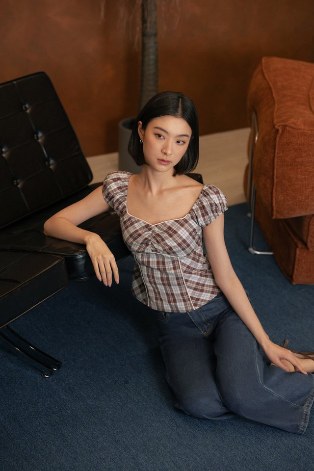 NATTIE PADDED PLAID BUSTIER CAPPED SLEEVE TOP