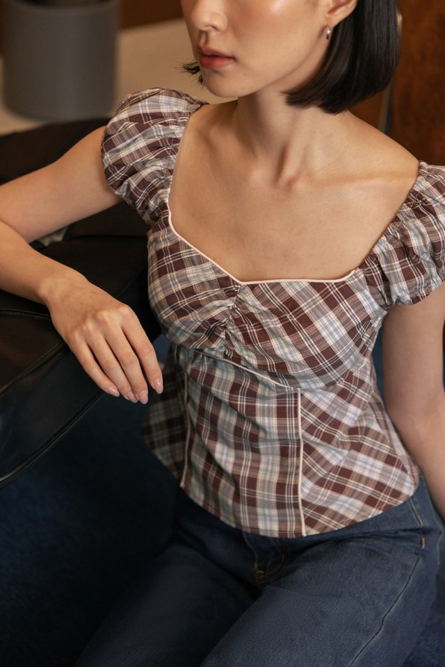 NATTIE PADDED PLAID BUSTIER CAPPED SLEEVE TOP