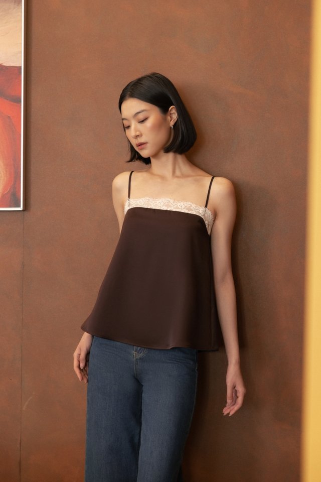 ADARA PADDED SATIN LACE TRIM CAMI TOP (BROWN)