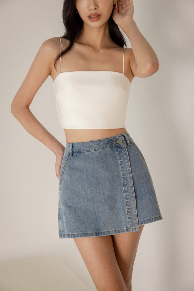 SUPERNOVA ASYMMETRICAL OVERLAP DENIM SKORTS (LIGHT WASHED)