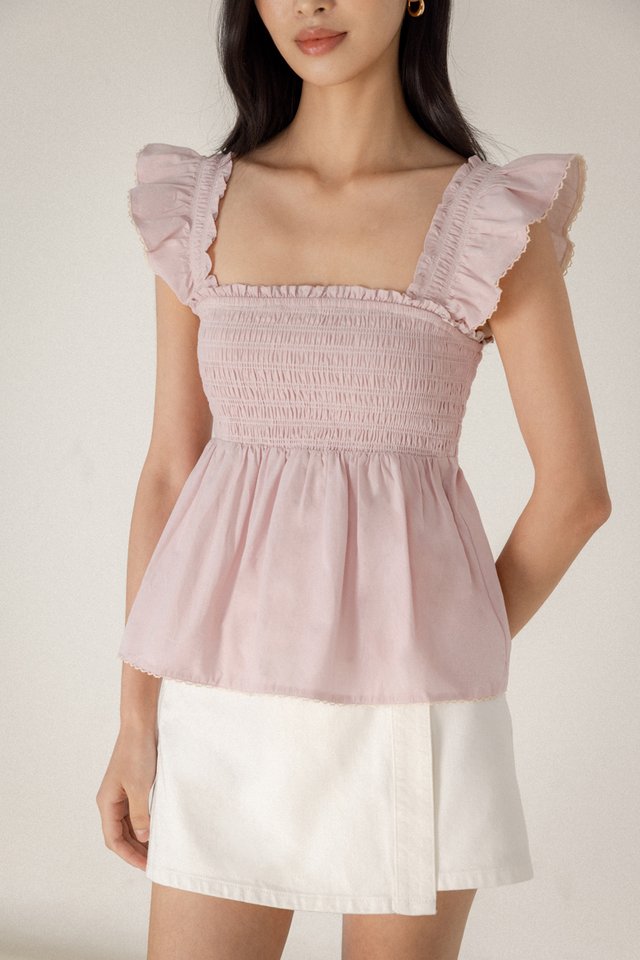ANNIE PADDED FLARE RUFFLE TRIM SHIRRED BABYDOLL TOP (LAVENDER PINK)