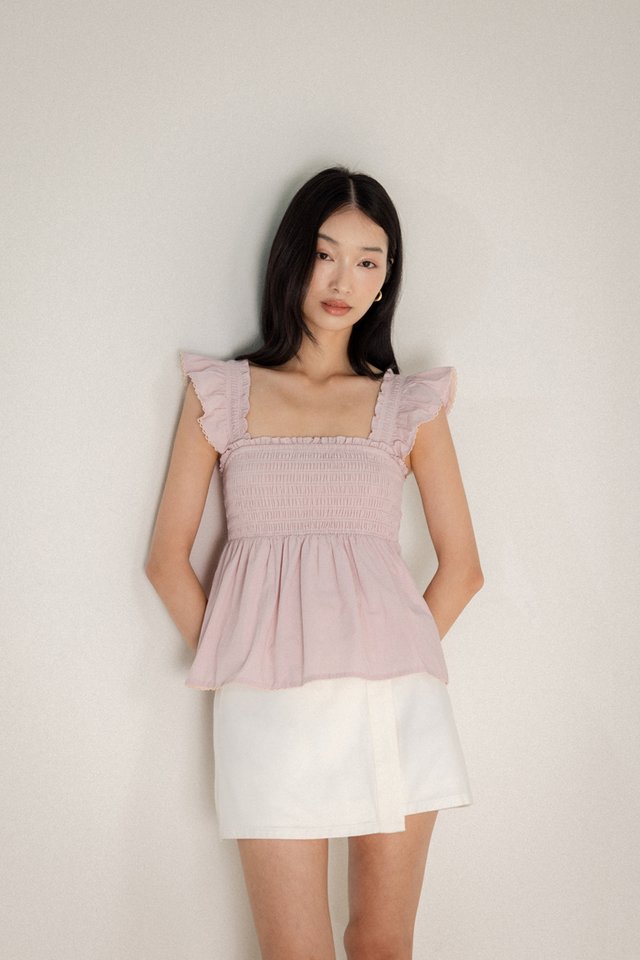 ANNIE PADDED FLARE RUFFLE TRIM SHIRRED BABYDOLL TOP (LAVENDER PINK)