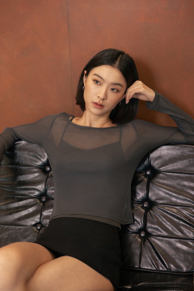 FREDA SHEER BOAT NECK LONG SLEEVE TOP (GRAPHITE)
