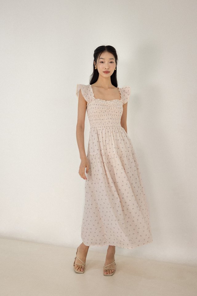 ANNIE PADDED FLORAL SWEETHEART SMOCKED RUFFLE MAXI DRESS