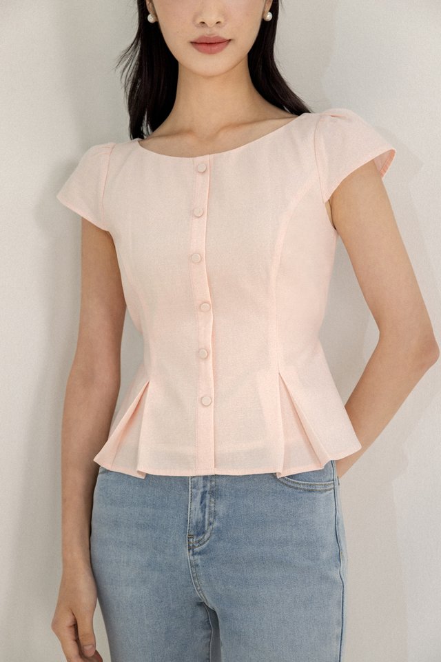 NORAH CAP SLEEVE PLEATED HEM BUTTON TIE-WAIST TOP (PINK)